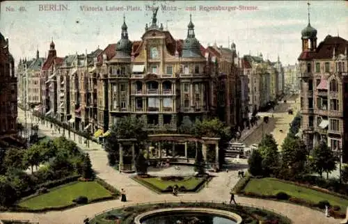 Ak Berlin Schöneberg, Viktoria Luise Platz, Ecke Motz u. Regensburger Straße, Brunnen, Fassaden