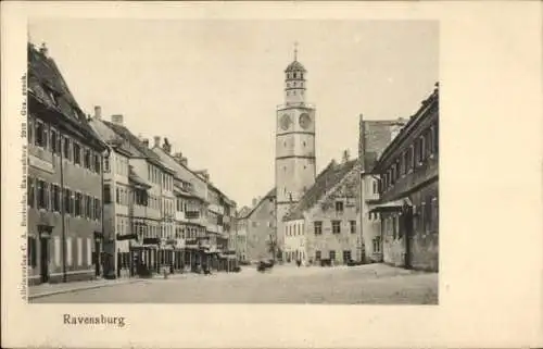 Ak Ravensburg in Württemberg Oberschwaben, Straßenpartie, Kirche