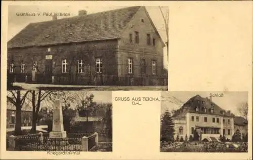 Ak Teicha Rietschen in der Oberlausitz, Schloss, Kriegerdenkmal, Gasthaus