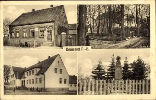 Ak Bornsdorf in der Niederlausitz, Schloss, Kriegerdenkmal, Schule, Kolonialwarenhandlung