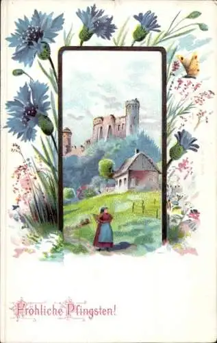 Litho Glückwunsch Pfingsten, Blumen, Schmetterling, Schloss