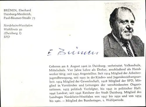 Ak Politiker Eberhard Brünen, Portrait, Autogramm