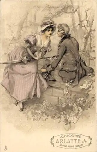 Litho Liebespaar, Kuss, Treffen, Werbung für Chicoree Arlatte