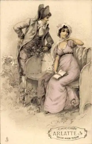 Litho Liebespaar, Sitzbank, Frau mit Buch, Werbung für Chicoree Arlatte