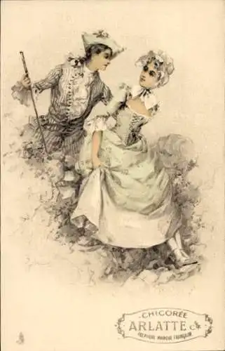 Litho Liebespaar, Spaziergang, Werbung für Chicoree Arlatte