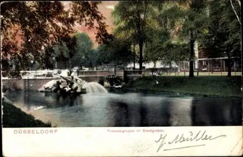 Ak Düsseldorf am Rhein, Tritonengruppe, Stadtgraben, Springbrunnen