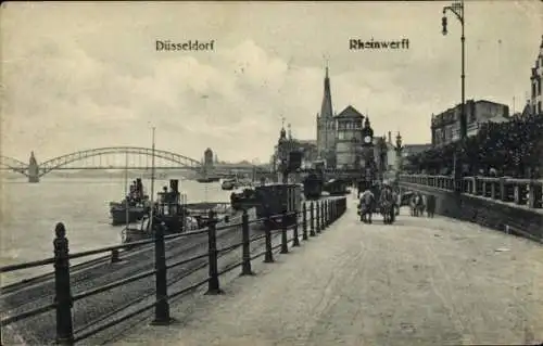 Ak Düsseldorf am Rhein, Rheinwerft, Brücke, Schiffe, Bahnanlagen