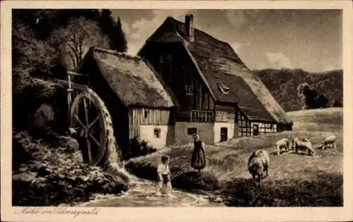 Künstler Ak Wassermühle im Schwarzwald, Bauernhaus, Schafe