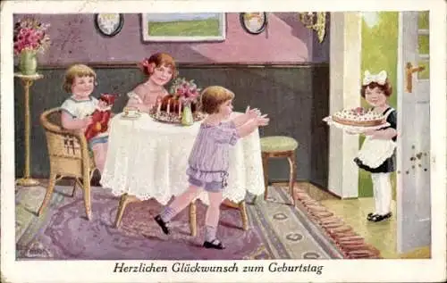 Künstler Ak Glückwunsch Geburtstag, Dienstmädchen mit einer Torte