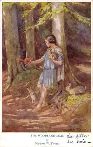 Künstler Ak Tarrant, Margaret W., Mädchen mit Tieren im Wald, Hasen, Eichhörnchen