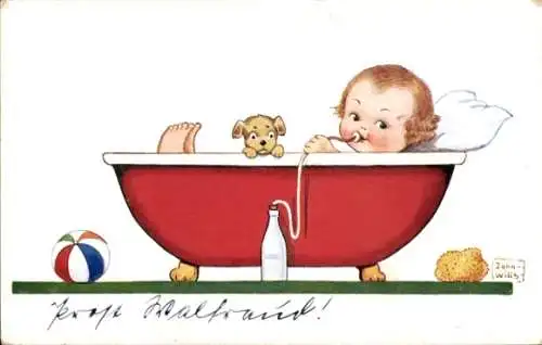 Künstler Ak Wills, John, Kind in der Badewanne, Hund, Flasche