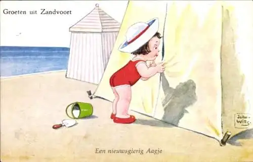 Künstler Ak Wills, John, Zandvoort, Mädchen schaut in Strandzelt