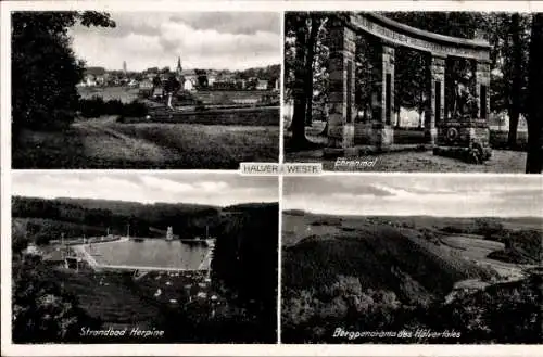 Ak Halver in Westfalen, Gesamtansicht, Ehrenmal, Strandbad Herpine, Bergpanorama des Hälvertales
