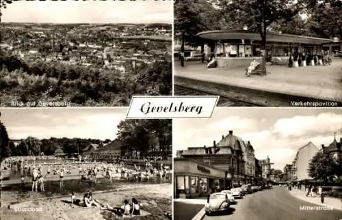 Ak Gevelsberg im Ruhrgebiet, Gesamtansicht, Verkehrspavillon, Strandbad, Mittelstraße