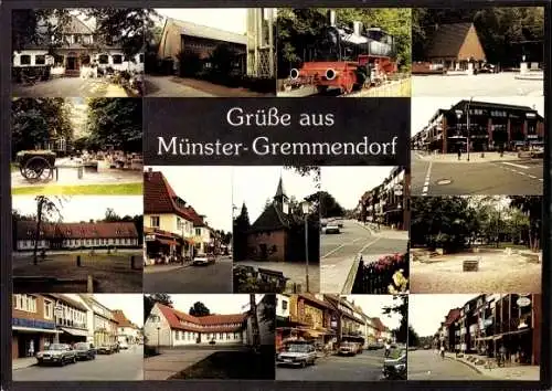 Ak Gremmendorf Münster in Westfalen, Teilansichten, Lokomotive, Kirche, Straßenpartie