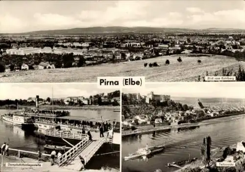 Ak Pirna an der Elbe, Blick vom Kohlberg, Teilansicht, Dampfschiffanlegestelle