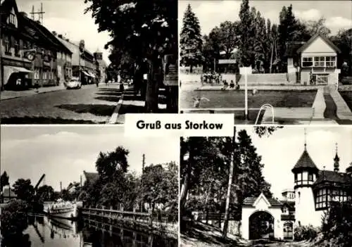 Ak Storkow in der Mark, Boot, Freibad, Brücke, Fachwerkhaus