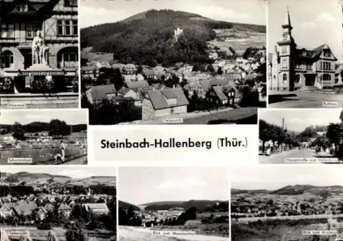 Ak Steinbach Hallenberg im Thüringer Wald, Teilansicht, Rathaus, Freibad, Arzberg, Hauptstraße