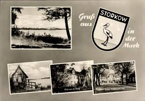 Ak Storkow in der Mark, Wappen, großer Storkower See, Fischerhäuschen, Burg, Ernst-Thälmann-Straße