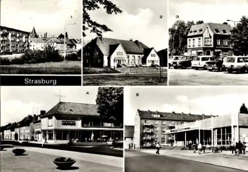 Ak Strasburg in der Uckermark, Teilansicht, Kreiskulturhaus, Markt, Konsum, Kontakt-Kaufhaus