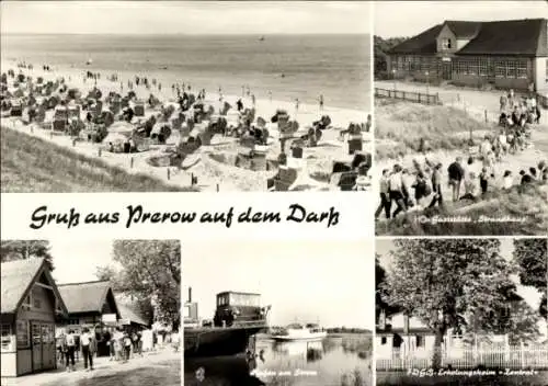 Ak Ostseebad Prerow auf dem Darß, Strand, FDGB-Erholungsheim Zentral, Hafen am Strom, Strandhaus