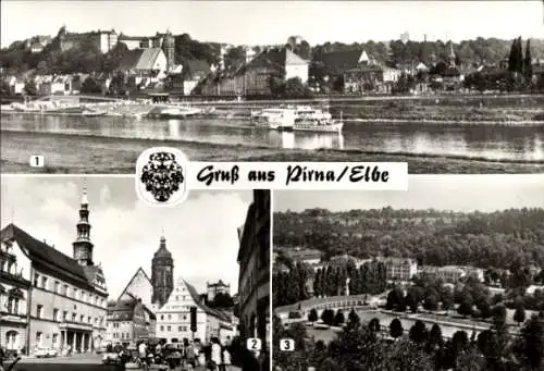 Ak Pirna an der Elbe, Gesamtansicht, Wappen, Obermarkt, Canaletto-Haus, Geißeltbad