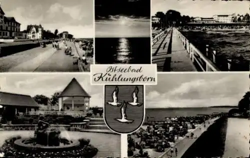 Ak Ostseebad Kühlungsborn, Promenade, Seebrücke, Wappen, Brunnen, Strand