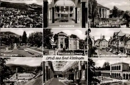 Ak Bad Kissingen, Kurtheater, Jagdhaus, Brunnenhalle, Regentenbau, Marktplatz, Rosengarten