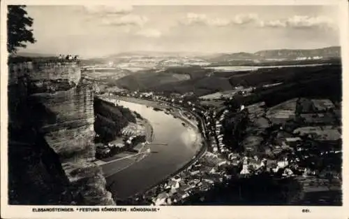 Ak Königstein an der Elbe Sächsische Schweiz, Festung Königstein, Königsnase, Panorama