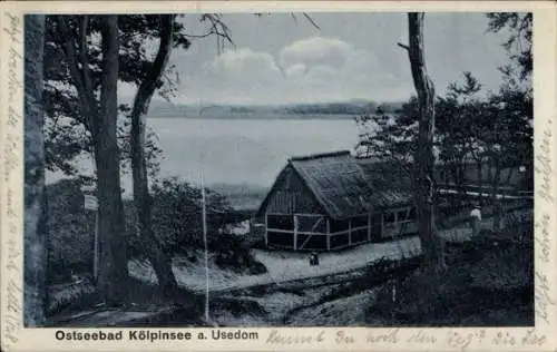 Ak Ostseebad Kölpinsee auf Usedom, Hütte am Ufer