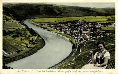 Ak Kröv an der Mosel, Panorama, Frau in Tracht, Wein