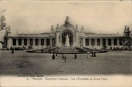 Ak Marseille Bouches du Rhône, Exposition Coloniale, Vue d'Ensemble du Grand Palais