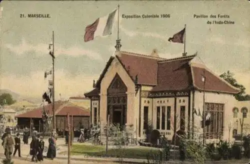 Ak Marseille Bouches du Rhône, Exposition Coloniale 1906, Pavillon de Forets de l'Indo-Chine