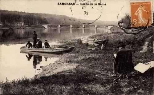 Ak Samoreau Seine et Marne, Seineufer, Boot, Maler