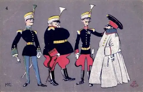 Künstler Ak Figuren Milizares, Infanterie, Gala, Halbgala und Glocke