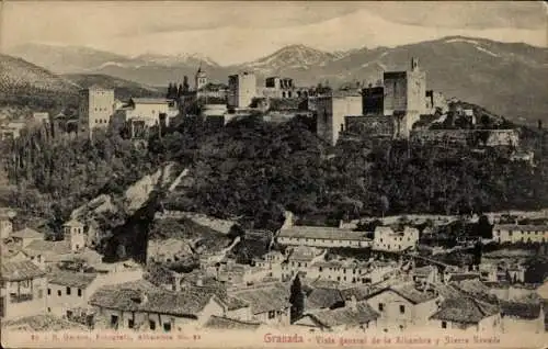 Ak Granada Andalusien Spanien, Alhambra, Gesamtansicht, Sierra Nevada