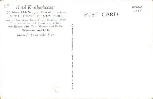 Ak New York City USA, Hotel Knickerbocker