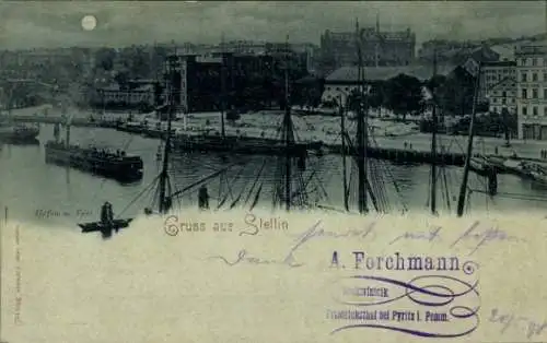 Mondschein Ak Szczecin Stettin Pommern, Gesamtansicht, Hafen