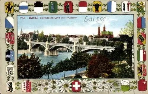 Passepartout Wappen Ak Basel Stadt, Wettsteinbrücke mit Münster