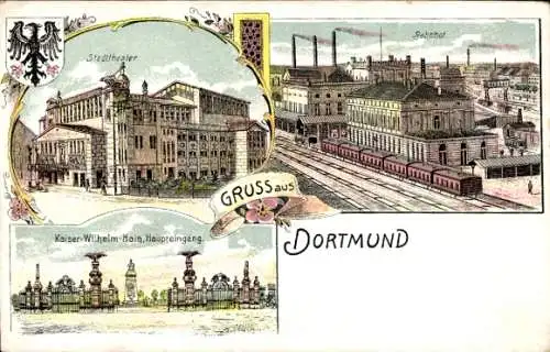 Litho Dortmund im Ruhrgebiet, Stadttheater, Bahnhof, Kaiser Wilhelm Hain