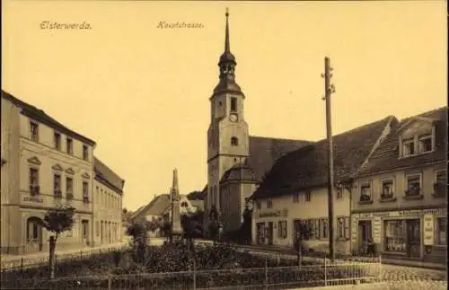 Ak Elsterwerda in Brandenburg, Hauptstraße, Geschäft Schuhmachermeister Schneider, Kirche, Denkmal