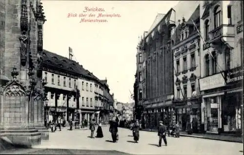 Ak Zwickau in Sachsen, Marienplatz, Marienstraße, Geschäfte