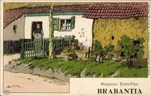 Künstler Ak Lynen, A., Reklame, Margarine Brabantia, Mann vor einem Wohnhaus