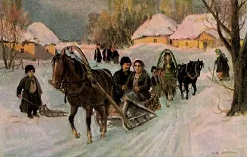 Künstler Ak Russland, Pferdegespanne im Winter, Pferdeschlitten