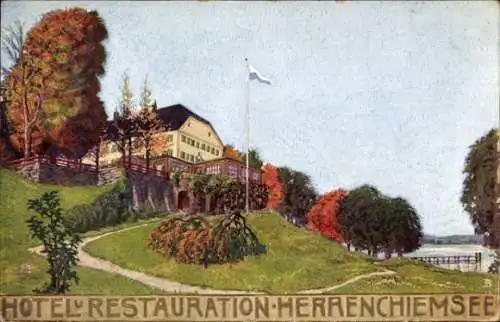 Künstler Ak Herrenchiemsee Chiemsee in Oberbayern, Hotel und Restaurant Herrenchiemsee