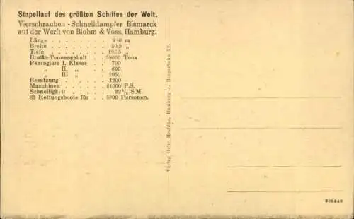 Ak Hamburg, Werft von Blohm und Voss, Vierschrauben Schnelldampfer Bismarck, Stapellauf