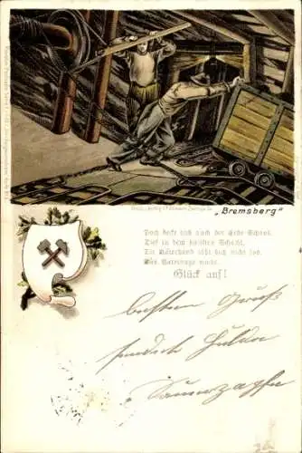 Litho Bergleute unter Tage, Bremsberg, Grubenwagen, Glück auf