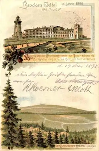 Litho Brocken im Harz, Brockenhotel, Brocken v. d. Hohnsteinklippen aus