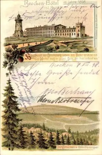 Litho Brocken im Harz, Brockenhotel, Brocken v. d. Hohnsteinklippen aus