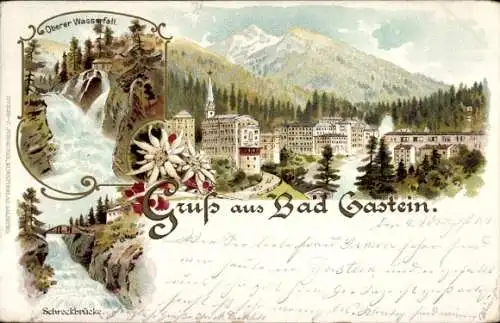 Litho Bad Gastein Badgastein in Salzburg, Oberer Wasserfall, Schreckbrücke